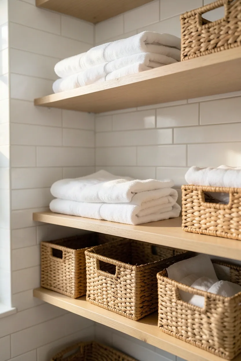 Floating light oak open shelves with neatly folded white towels and woven baskets on white subway tile bathroom wall