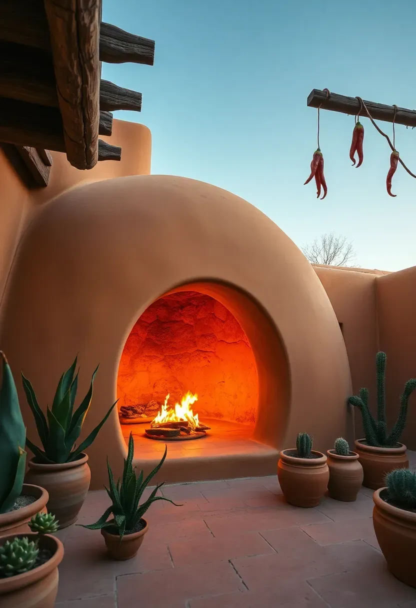 A rounded adobe kiva fireplace with a beehive shape in a Southwestern-style courtyard with clay tile flooring and desert plants
