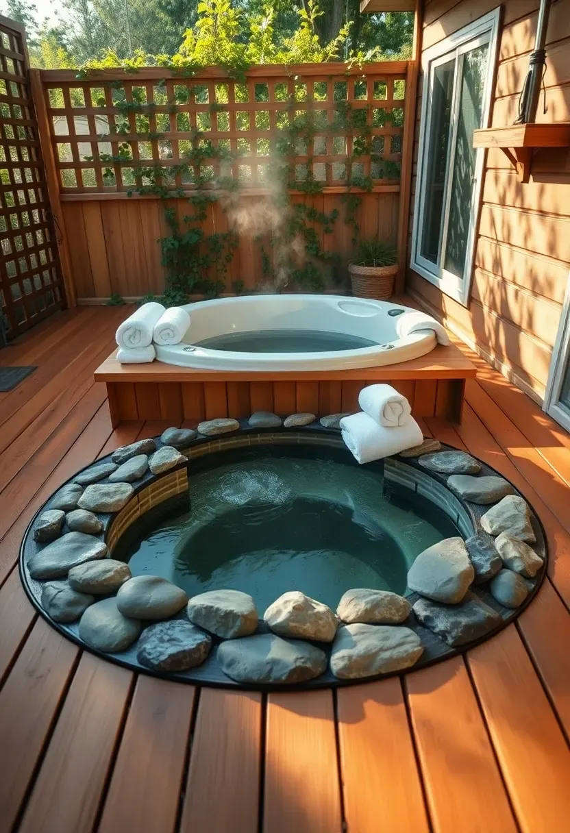 cedar deck surrounding a round built-in hot tub with natural stone accents, rolled white towels on a shelf, and privacy lattice panels with climbing greenery