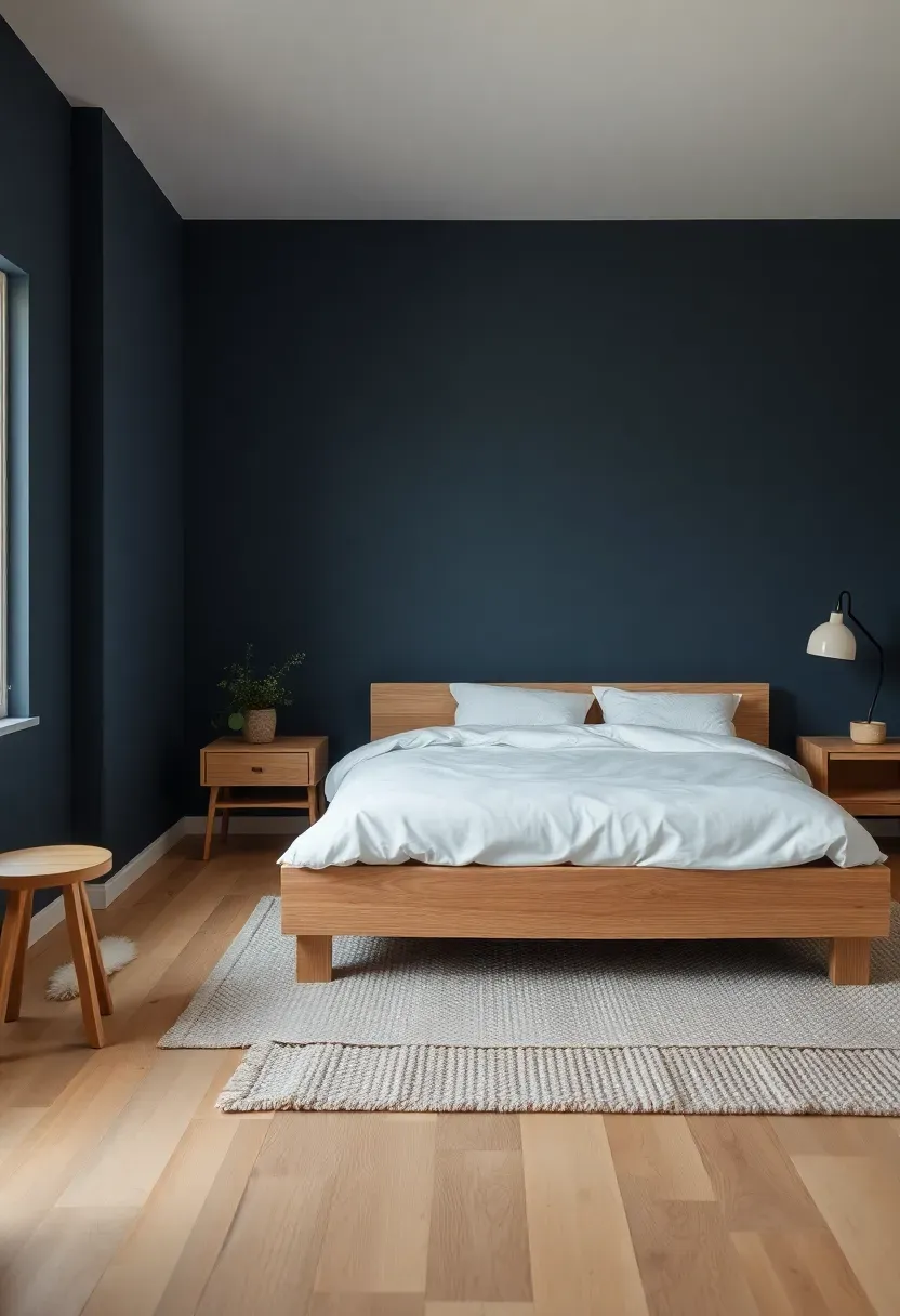 Hyper-realistic 3/4 view of Scandinavian bedroom with moody navy blue walls, light oak platform bed with white linen, oak flooring, wool rug. Materials: matte navy blue paint with gray undertones, light oak wood furniture and floor, crisp white bedding, textured wool rug. Warm ambient light from minimal oak lamp (2700K), soft natural window light left. Modern Scandinavian mood, shallow depth of field with sharp bed details and wood grain. No text, no logos, no watermarks.</p>