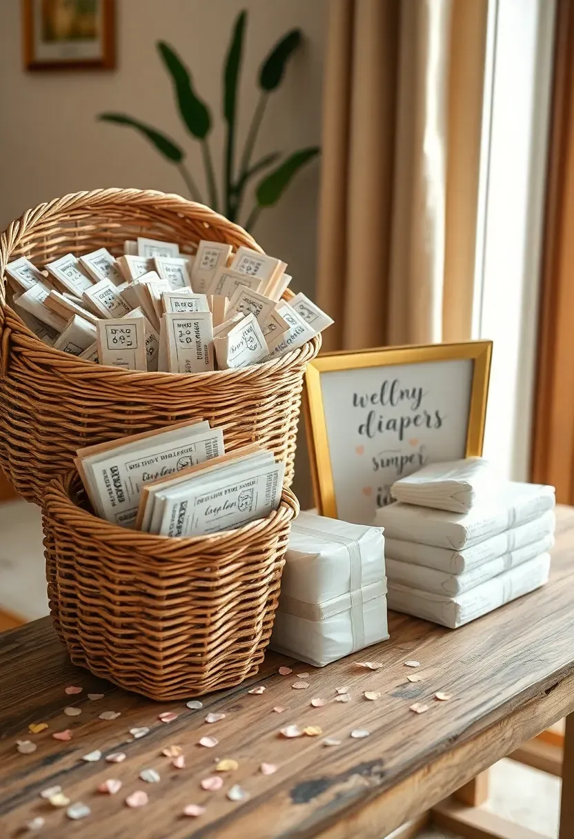 wicker basket filled with raffle tickets and stacked diaper packs with a handwritten sign at a baby shower