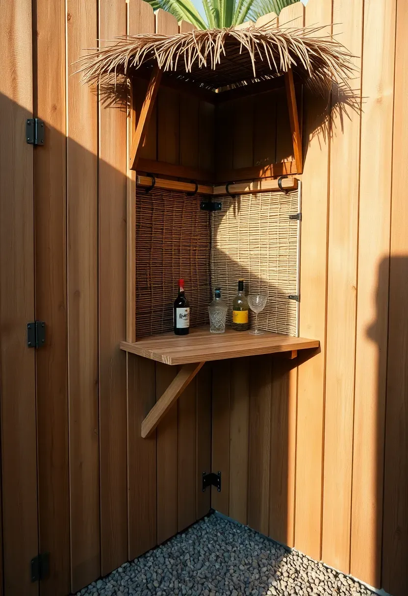 Corner fence-mounted tiki bar built into the junction of two wooden fence panels with bamboo trim and a small thatched awning
