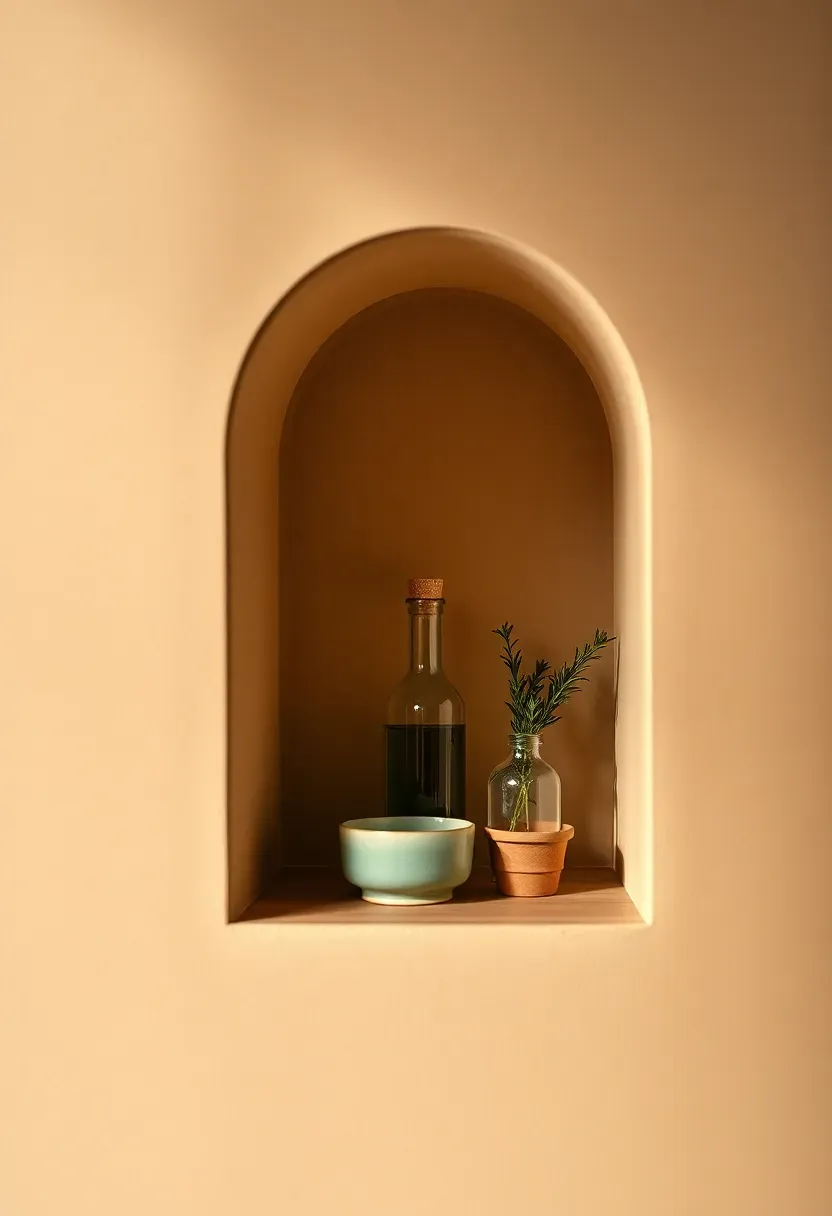 Kitchen niche with arched alcove shelving in warm plaster finish, displaying ceramic bowls, olive oil bottle, and small potted herb in soft window light