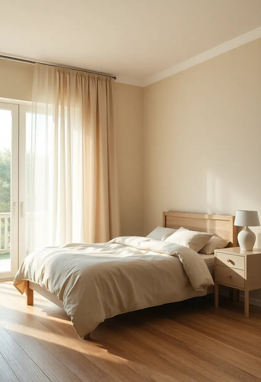 bright airy bedroom painted in oat milk cream with natural linen curtains and white oak furniture