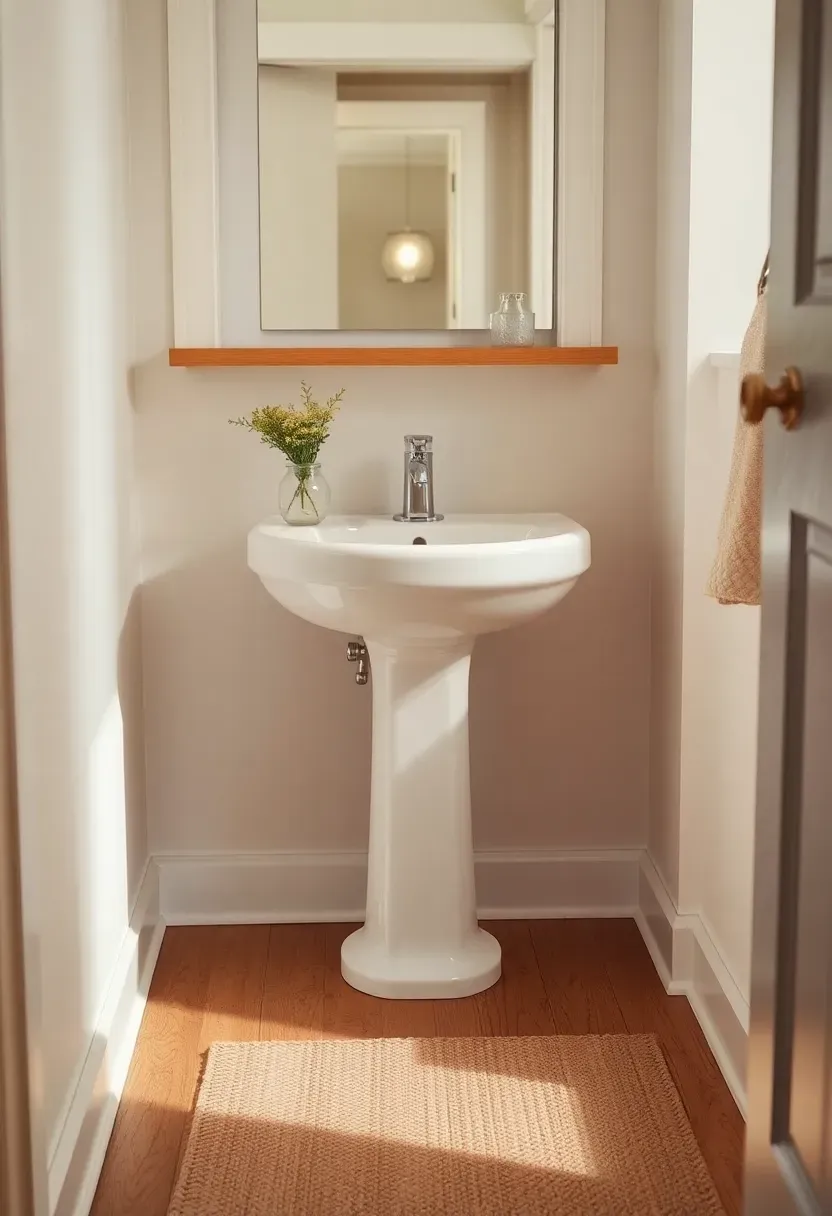Cork plank flooring in warm caramel tones in a small bathroom with white pedestal sink and natural light