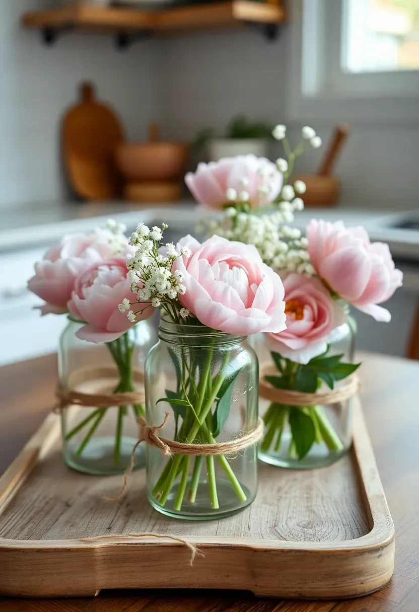 Cluster of mason jar flower arrangements with soft pink peonies and white baby's breath on a distressed wooden tray