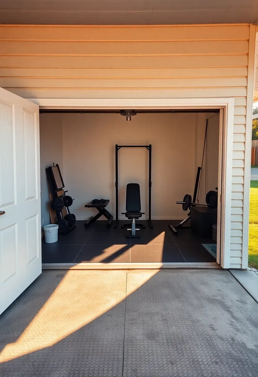 Home garage with door rolled fully open revealing gym equipment inside, spilling out onto a concrete driveway with morning sunlight and green lawn visible