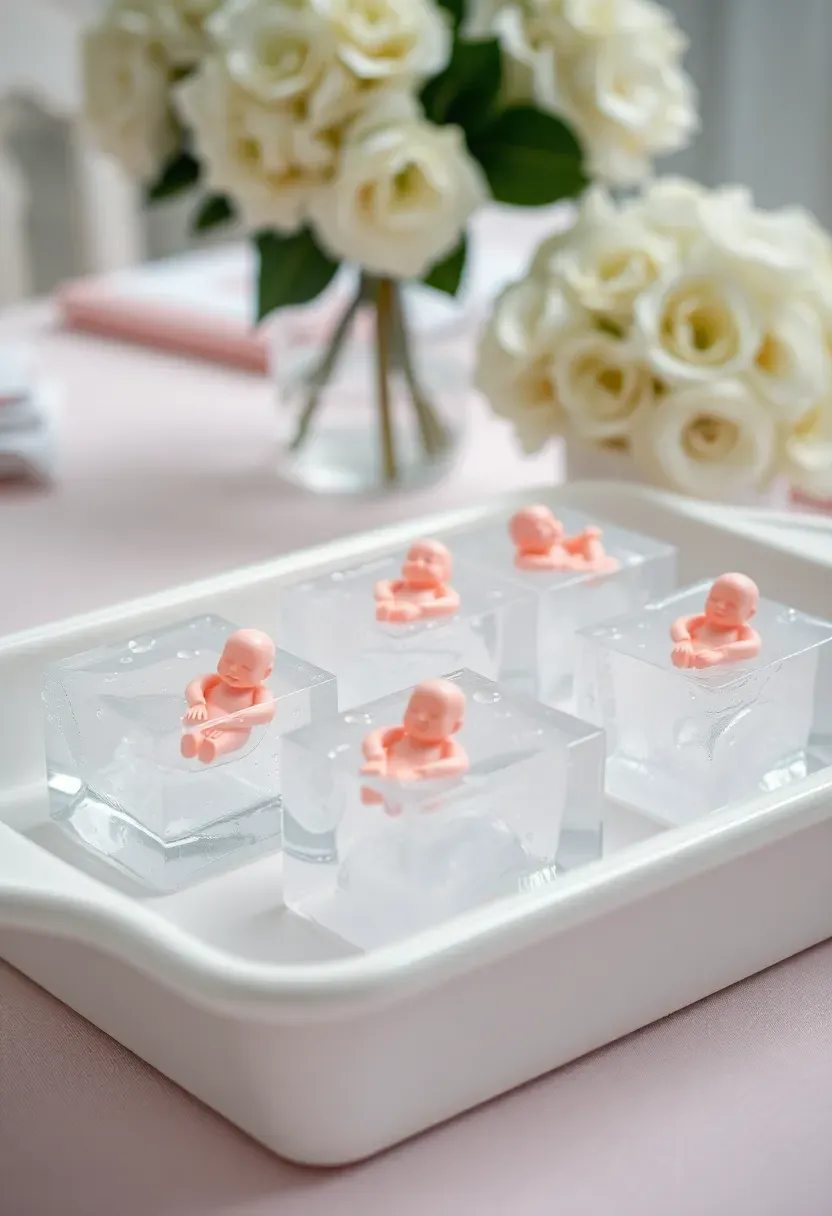 tiny plastic baby figurines frozen inside ice cubes melting on a tray at a shower table