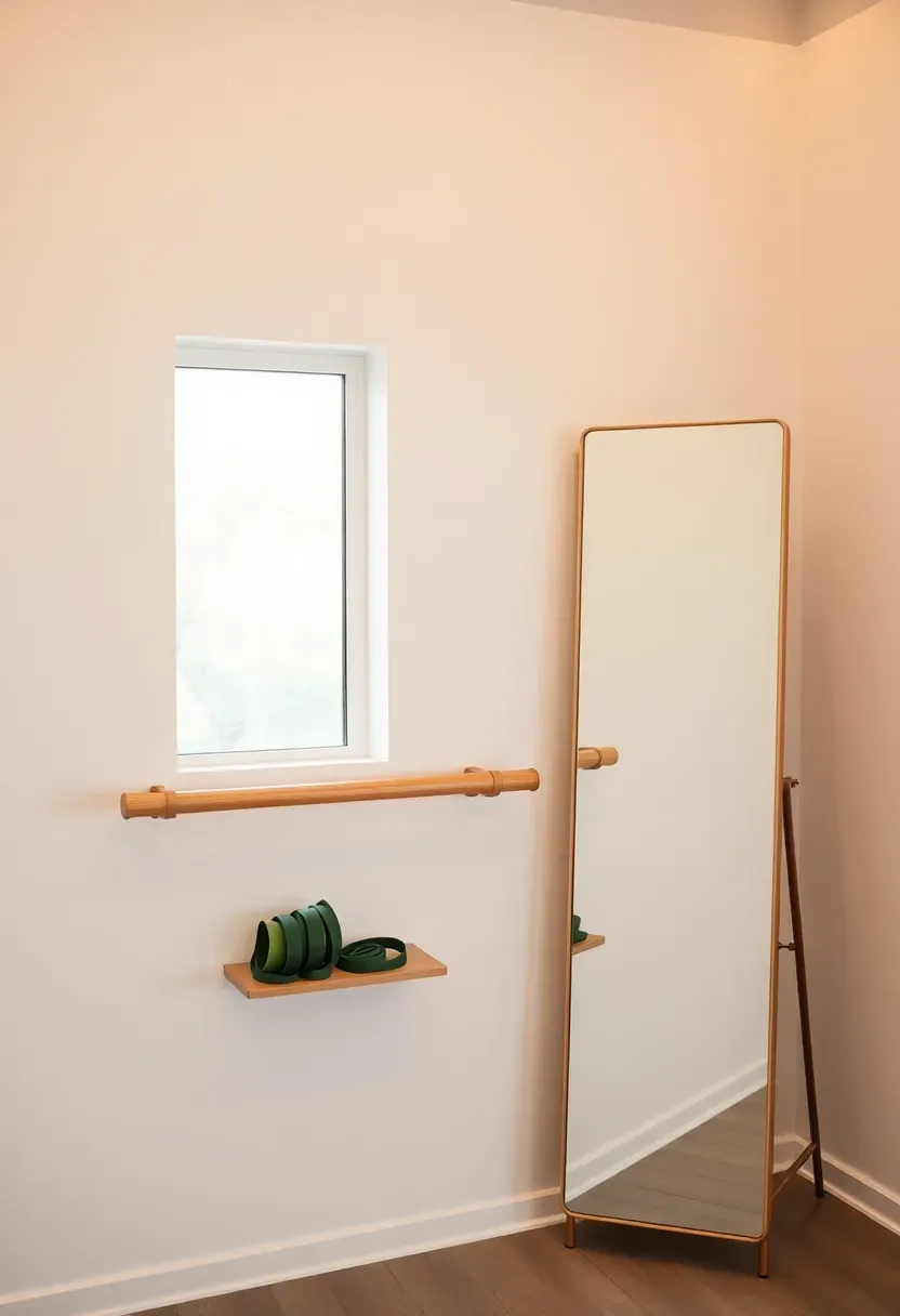 Minimalist wall-mounted barre at hip height in a bright small room with hardwood floors and a full-length mirror — renter-friendly studio setup