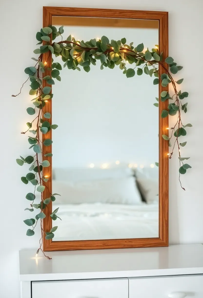 Hyper-realistic 3/4 view of bedroom mirror frame with fresh eucalyptus garland draped around perimeter, intertwined with warm white micro LED fairy lights. Silvery-green eucalyptus leaves visible, tiny fairy lights glowing softly. White dresser below mirror, white walls, cream bedding beyond. Materials: fresh eucalyptus, micro LED lights, wood mirror frame. Natural light with fairy light glow, eucalyptus adding subtle fragrance. Relaxing Christmas bedroom decor. Shallow depth of field, sharp details on leaves and lights. No text, no logos, no watermarks.</p>