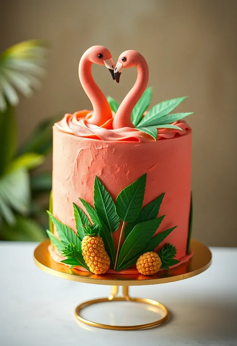 tropical baby shower cake with pink flamingo fondant toppers green palm frond wafer paper decorations and a bright coral buttercream base