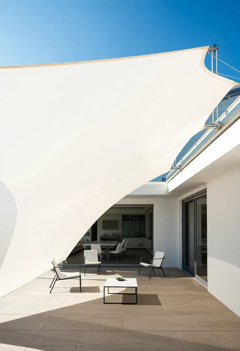 tensioned architectural fabric canopy stretched over a modern patio space