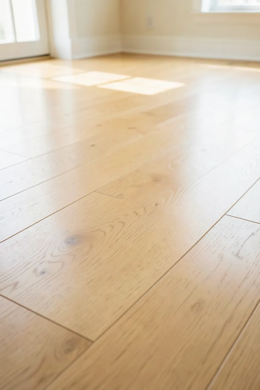 Light oak wide-plank hardwood flooring in a bright Scandinavian living room with neutral furniture and warm natural tones