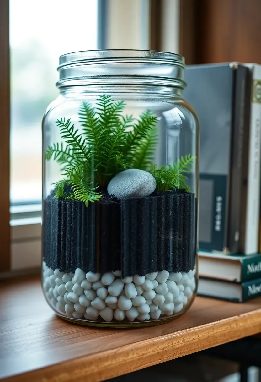 glass jar terrarium with layers of pebbles charcoal soil and small spring plants