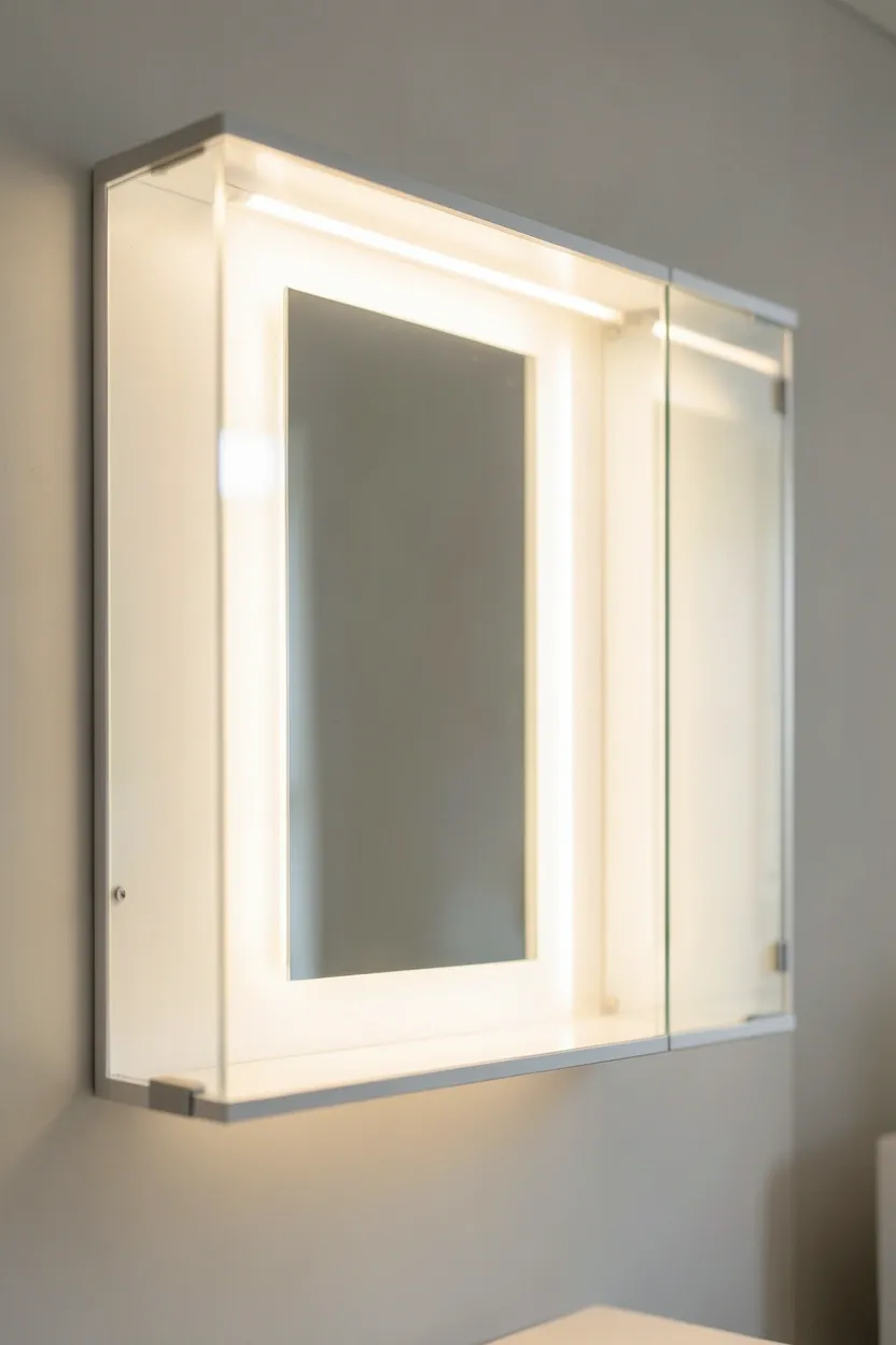 Frameless backlit LED mirror cabinet with soft glow above a white vanity in a modern mansion bathroom