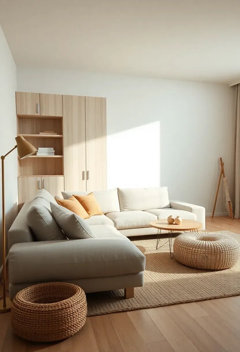 Airy L-shaped seating with a pale wood storage wall