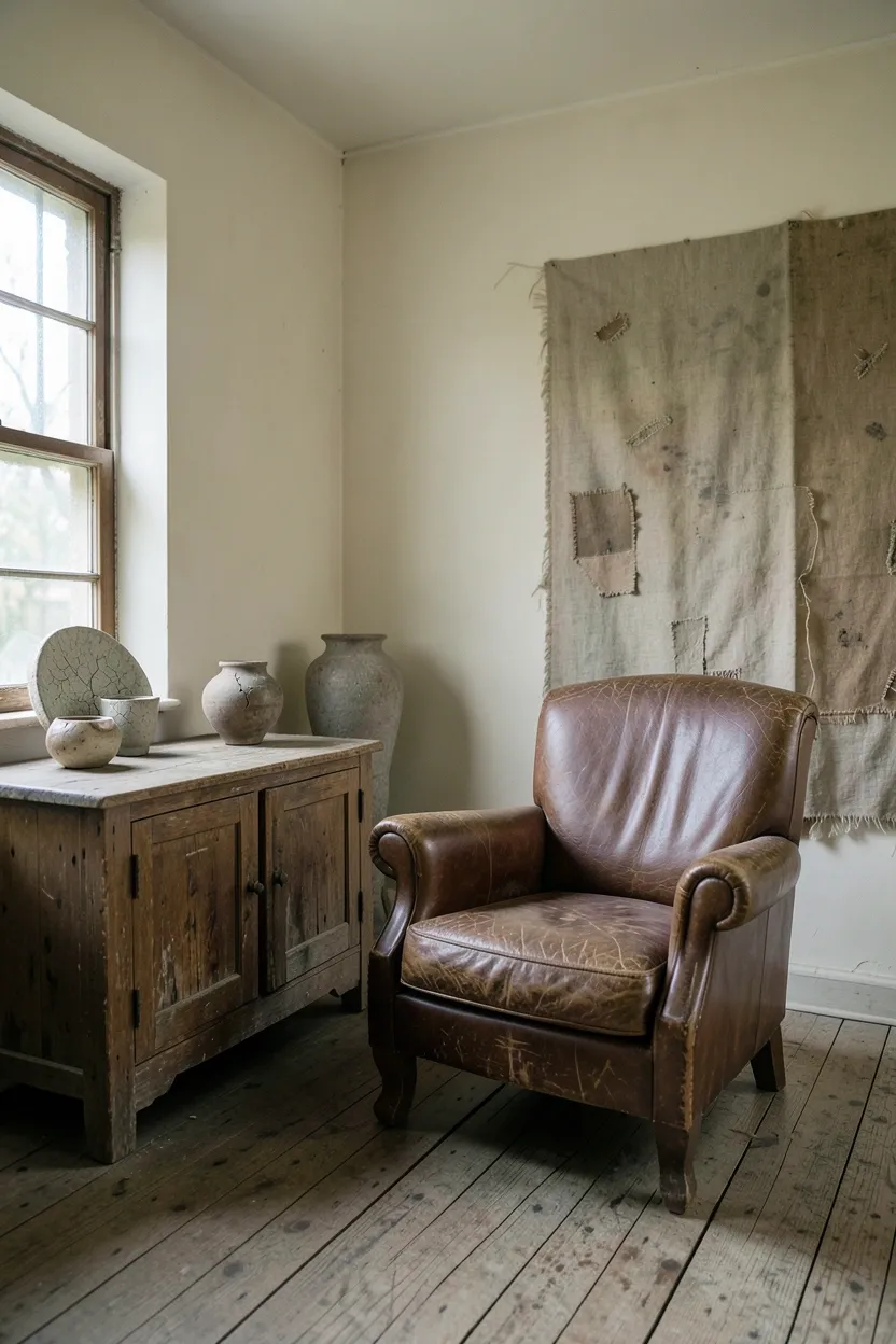 Wabi-sabi natural materials: rough stone surface, live-edge oak wood, and raw hemp textile in a calm apartment interior
