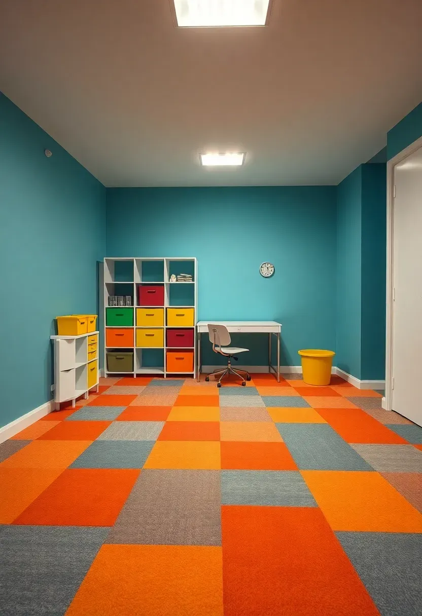 playful basement with bold color block carpet tiles in teal orange and gray arranged in a random pattern