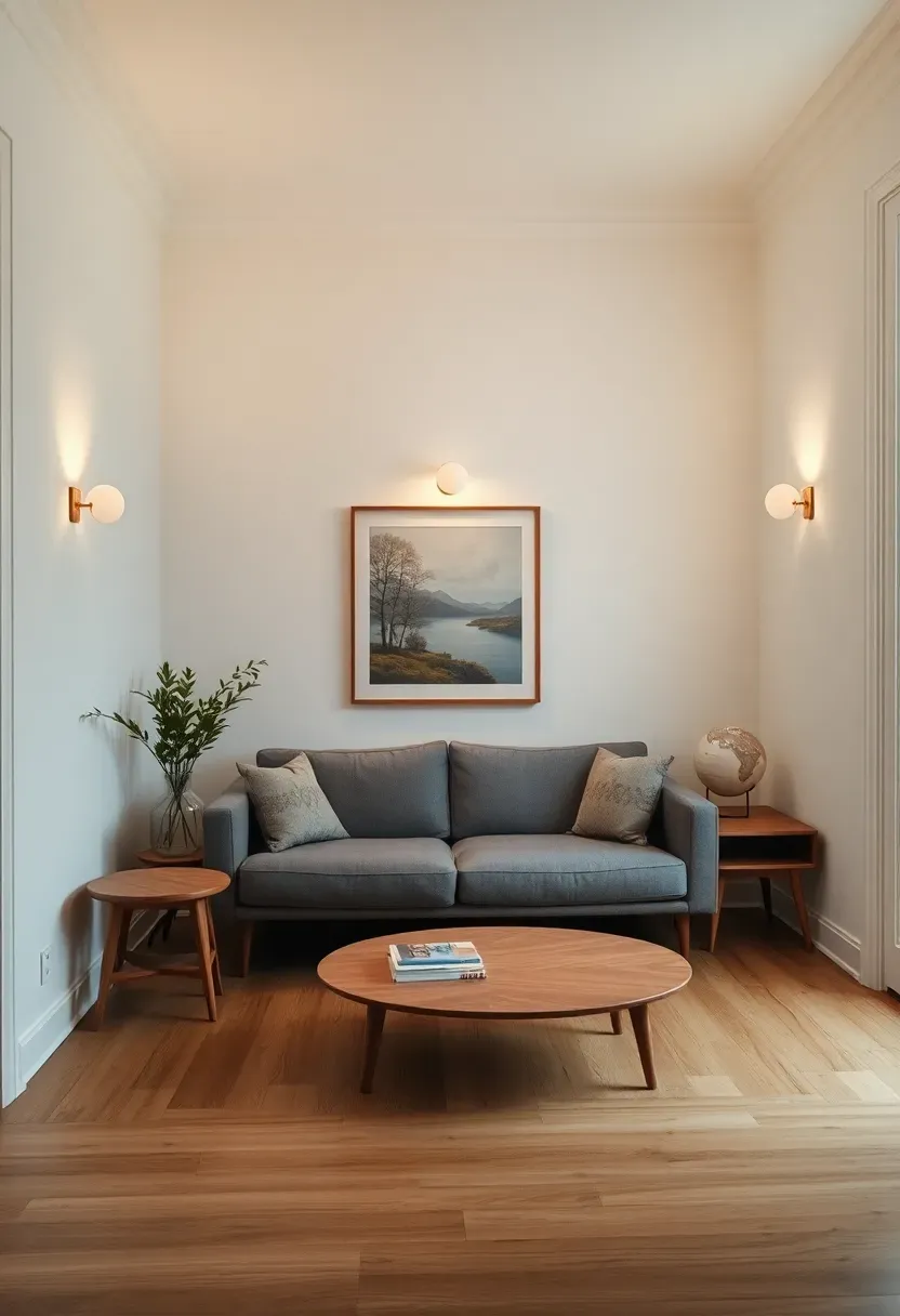 Hyper-realistic view of small minimalist living room with white wall-mounted sconces flanking artwork or window, no floor lamps or table lamps visible, small apartment with sofa and side tables remaining uncluttered, white walls, oak floor. Materials: white or brass wall sconces, white walls, gray sofa, oak side tables. Warm ambient lighting, clean uncluttered mood. Wall lighting preserving surface space, shallow depth of field, no text, no logos, no watermarks.</p>