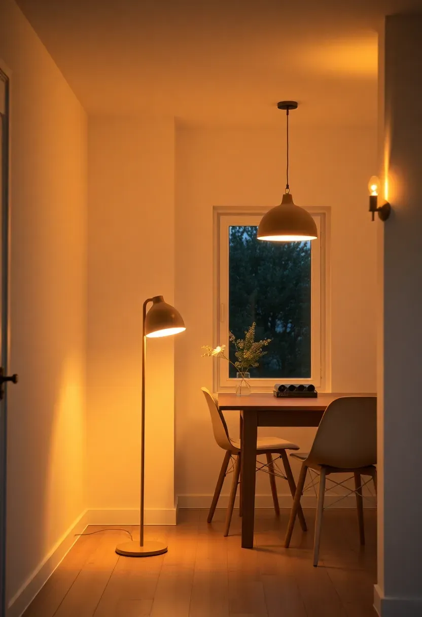 Hyper-realistic view showing layered Scandinavian lighting at dusk. Room with multiple light sources visible: floor lamp in corner providing ambient glow, table lamp on side table for task lighting, pendant light above dining area, wall sconce providing accent. Warm pools of light creating different zones. White walls, light wood floor. Evening ambiance with interior lighting dominant. Layered lighting mood showing depth and dimension from multiple sources at different heights, warm golden tones from each fixture.</p>