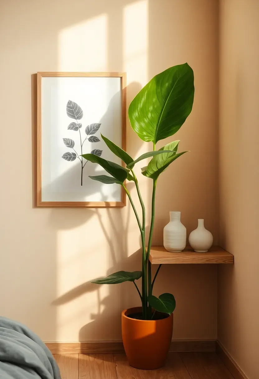 bedroom corner with single framed art print, one potted monstera plant, and a minimal ceramic vase on a wooden shelf