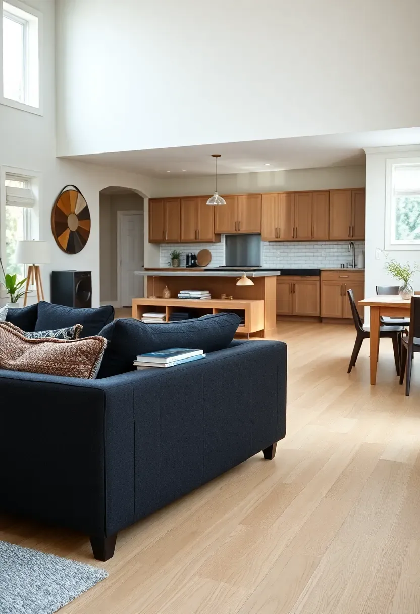Hyper-realistic 3/4 view of open concept living space with dark grey couch positioned with back to dining area, console table behind couch with lamps and books, dining table visible in background, kitchen beyond, continuous light oak flooring throughout. Materials: charcoal fabric, light oak console, wood dining table, subway tile kitchen backsplash. Natural light from multiple windows, consistent brightness across zones. Open concept mood like modern suburban home. Shallow depth of field, visible console table styling. No text, no logos, no watermarks.</p>