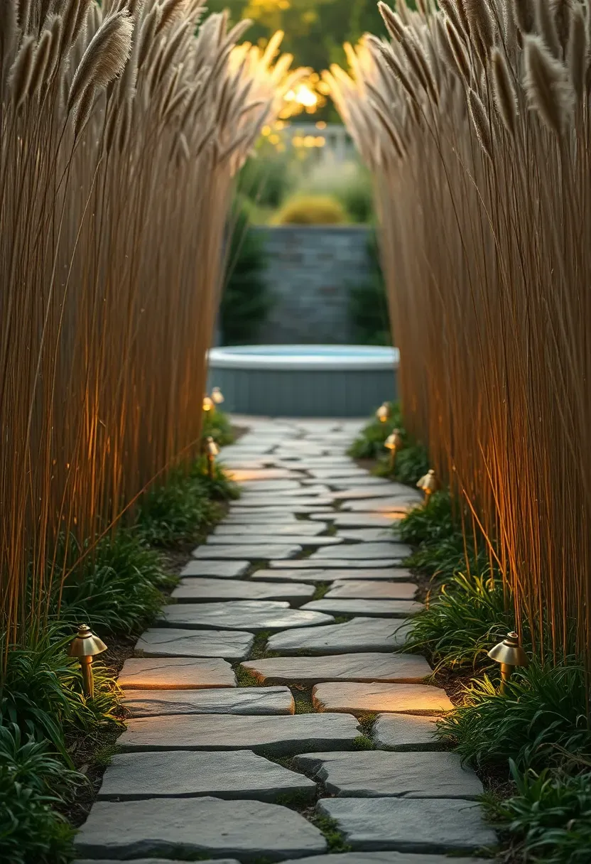 A winding flagstone garden path through tall ornamental grasses leading to a secluded hot tub clearing with landscape lighting along the path