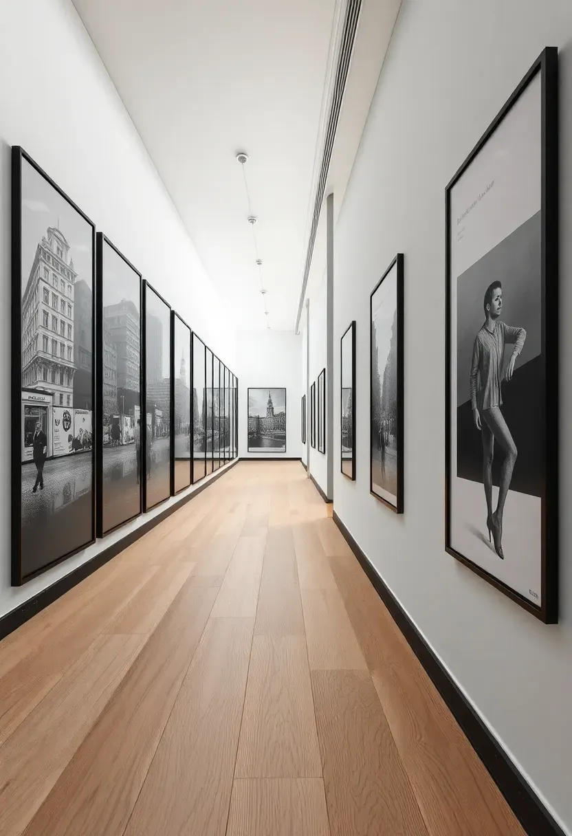 Hallway with a floor-to-ceiling black-and-white photography wall featuring large prints of urban architecture and candid street portraits in thin black frames