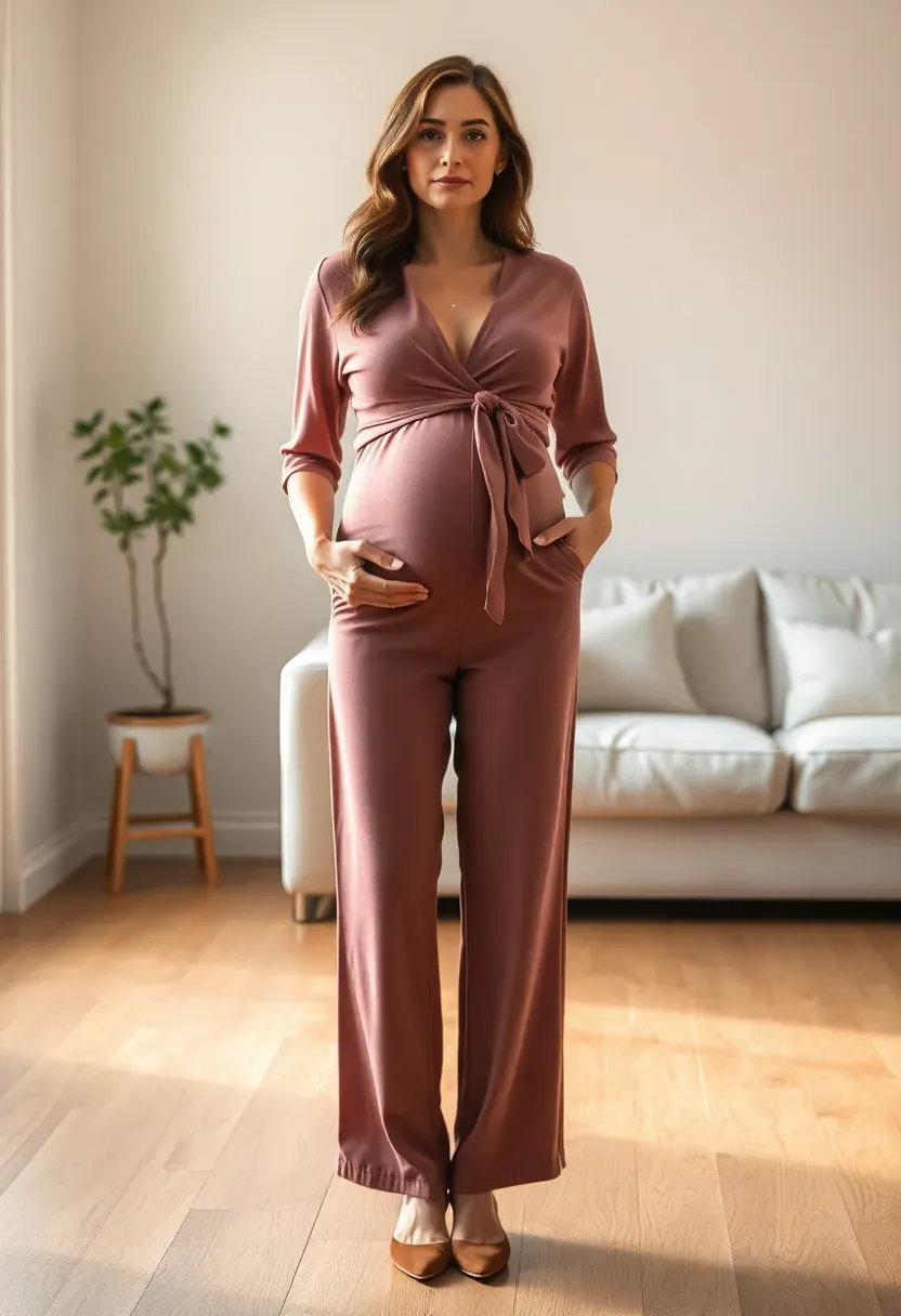 pregnant woman in a dusty rose maternity jumpsuit with a wide-leg cut posing in a modern living room