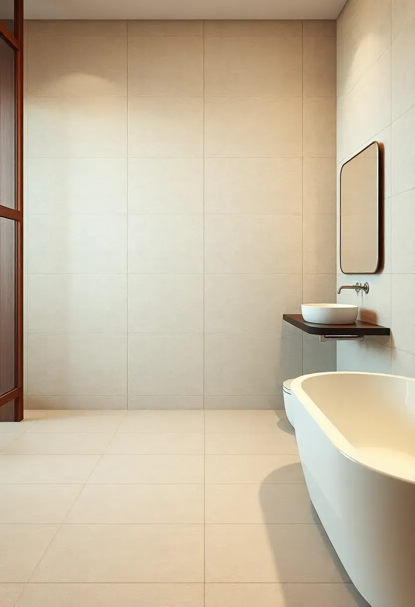 Large-format light gray porcelain tiles with minimal grout lines creating a seamless luxury bathroom floor and wall surface