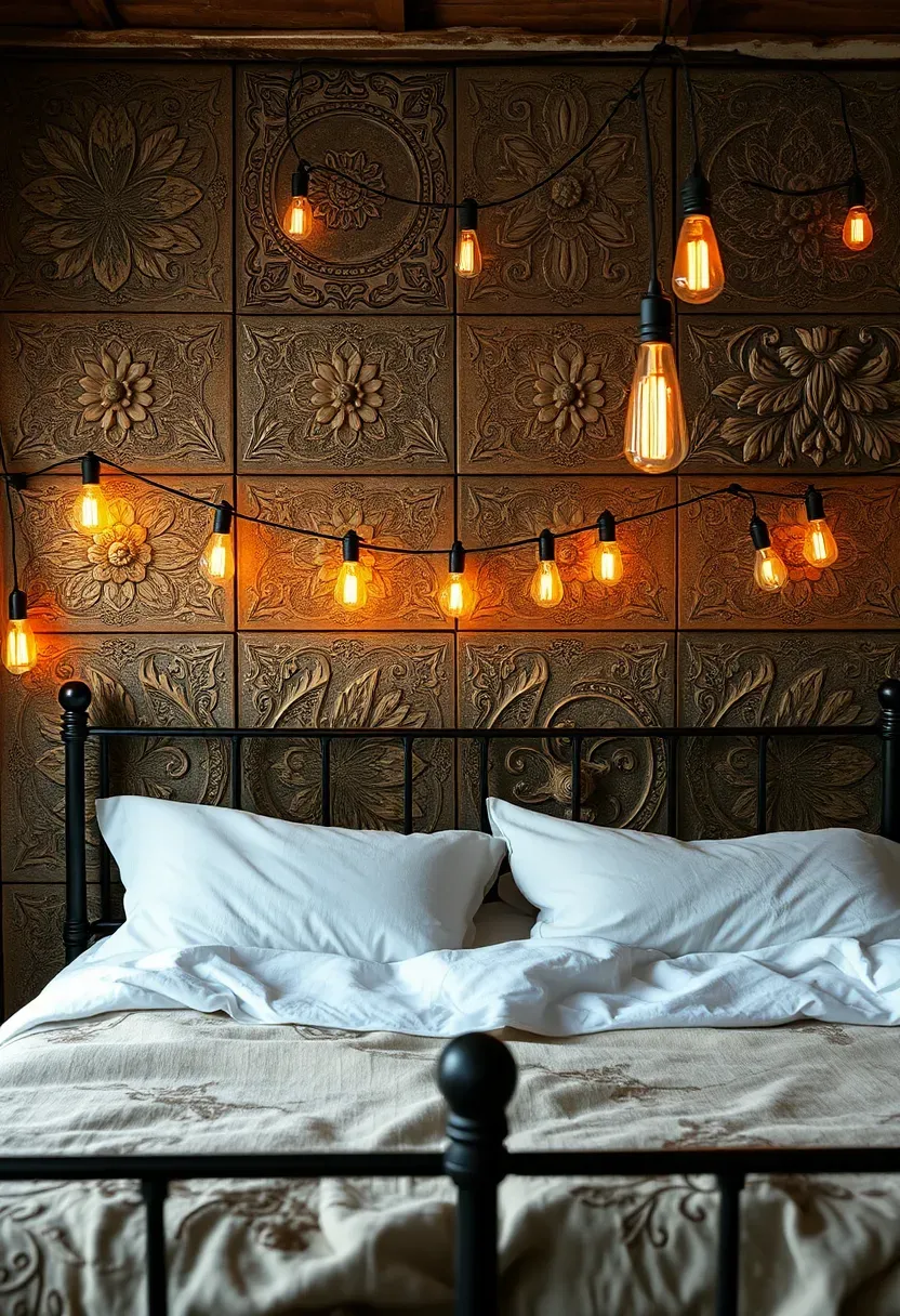vintage industrial bedroom with antique stamped tin ceiling tiles repurposed on the accent wall behind the bed with patina finish and warm Edison bulb lighting