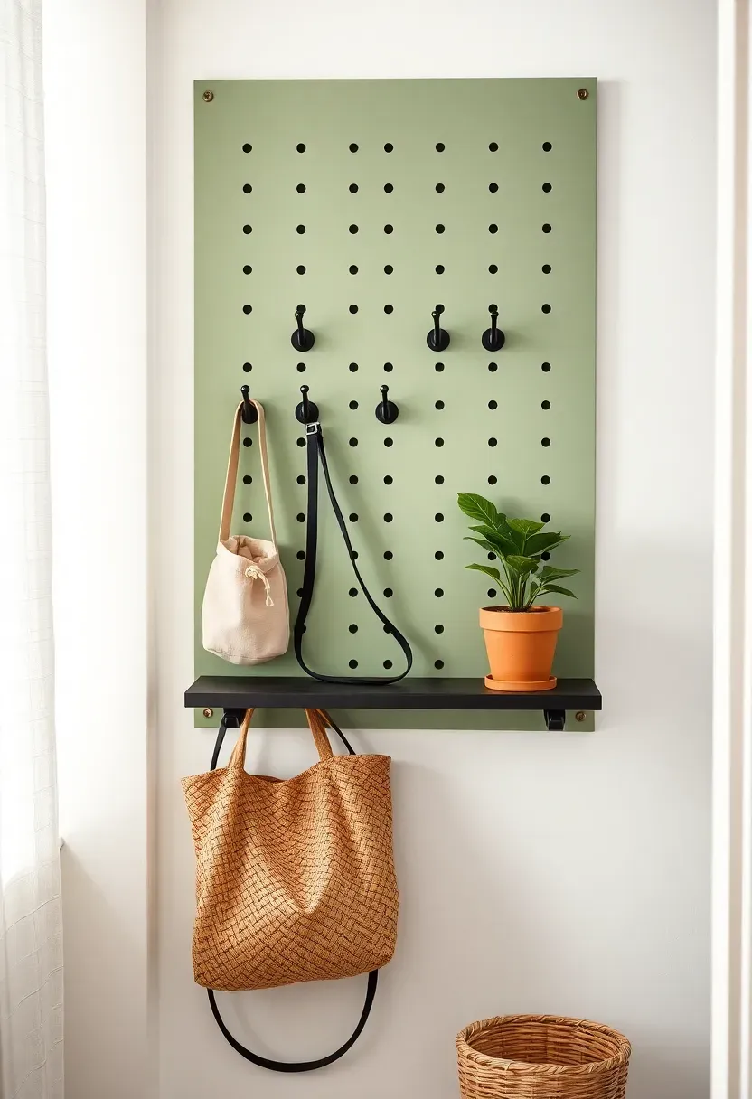 Sage green painted pegboard organizer with black pegs, tote bag, wicker basket, and small plant in apartment entryway