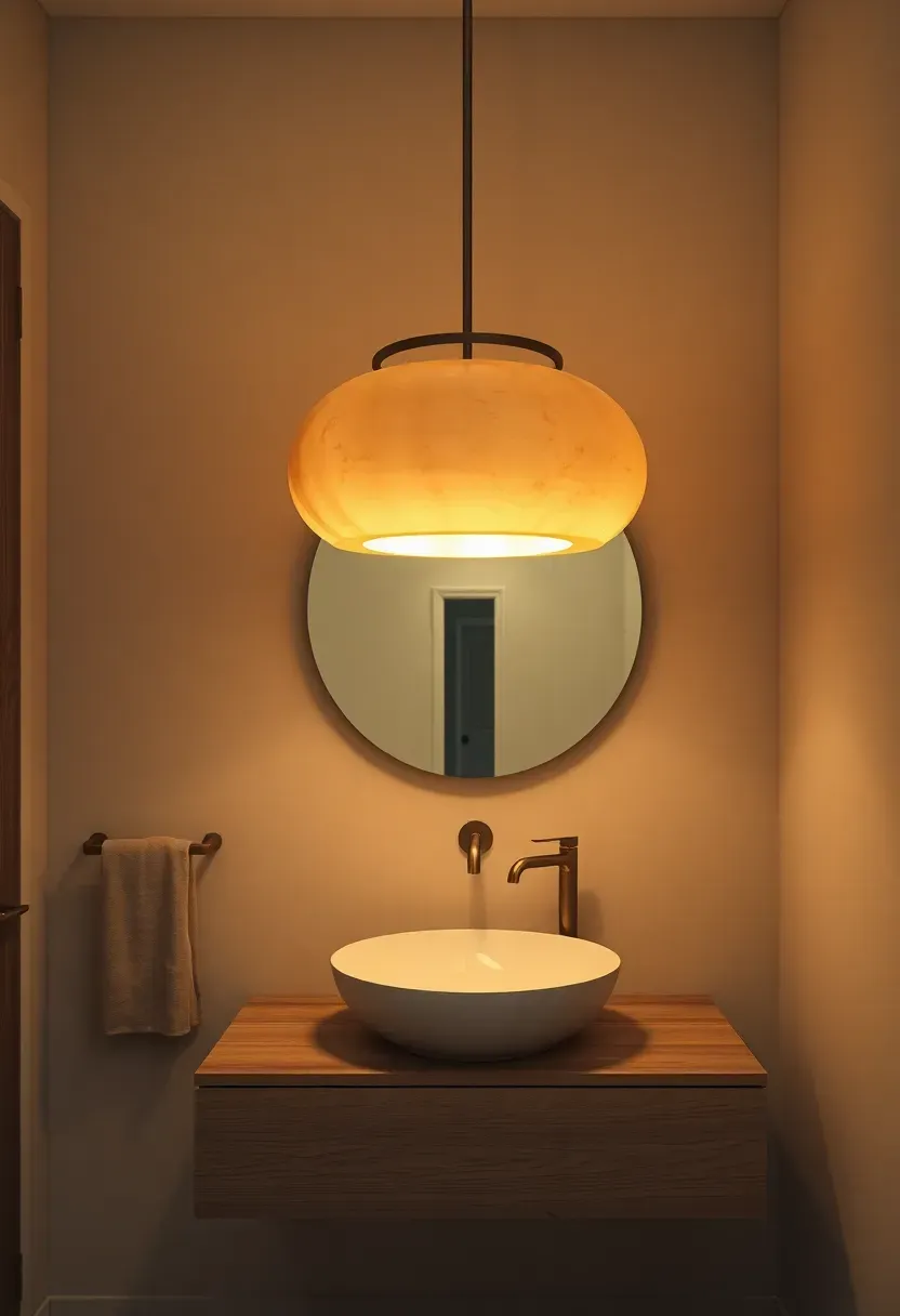 Smooth carved alabaster bowl pendant light emitting warm diffused glow in an elegant neutral bathroom