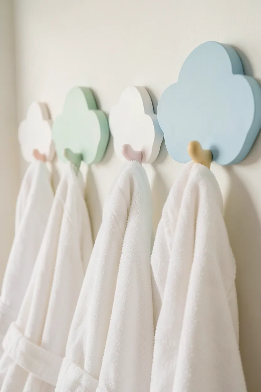 Cloud-shaped and star-shaped cartoon wall hooks in pastel colors mounted on a white bathroom door holding towels and robes