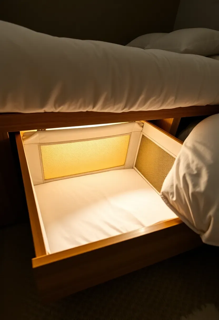 Custom under-bed drawer crib pulled out from platform bed with ventilation mesh and firm infant mattress in a small rental bedroom