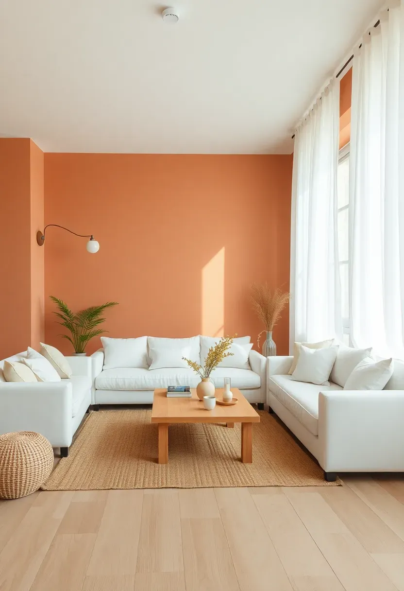Hyper-realistic 3/4 view of a minimalist living room with pale terracotta walls, white sofa, light oak coffee table, and jute area rug. Materials: matte pale terracotta paint, white cotton upholstery, light oak wood, natural jute rug, white linen curtains. Soft natural daylight with warm shadows, earthy and serene atmosphere. Clean composition with negative space, sharp texture details, no clutter, no text, no watermarks.</p>