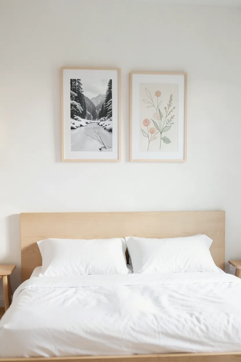 Single large framed abstract line art print in black and white hanging above a dresser in a Scandinavian rustic bedroom with negative wall space around it