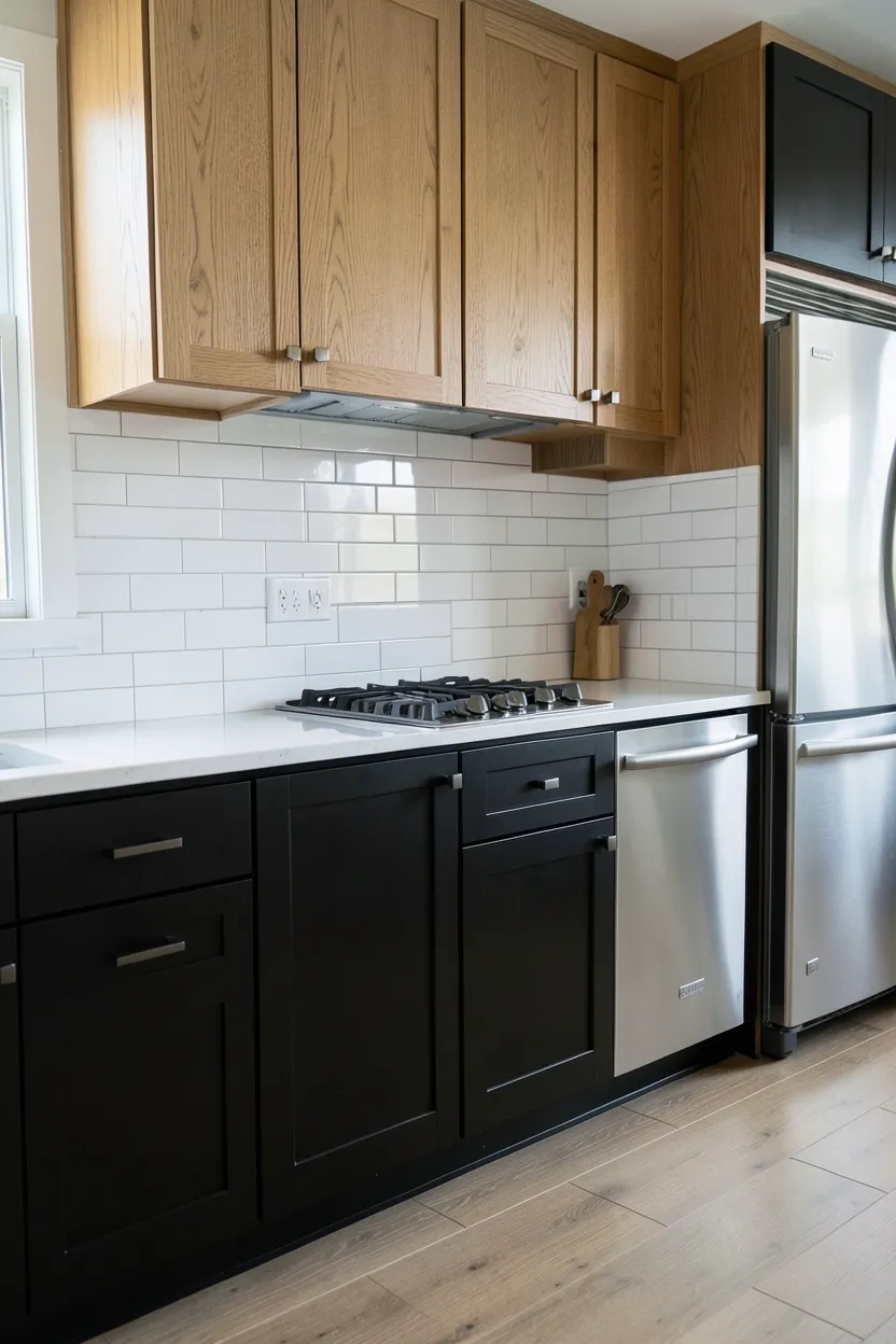 Two-tone kitchen with black lower cabinets and warm wood upper drawer fronts — dynamic contrast and modern warmth