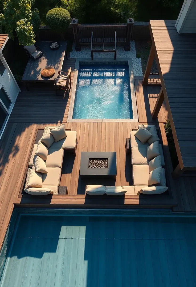 Hyper-realistic 3/4 view of above-ground pool with adjacent sunken lounge area recessed 18 inches below main deck level. Materials: warm gray composite decking on main level, lighter-toned decking in sunken area, built-in L-shaped bench with weather-resistant cushions in neutral taupe, low fire pit table at center, dark pool framework visible beyond. Late afternoon sunlight from upper left, creating dramatic shadows defining elevation change. Intimate outdoor living room mood showing sunken space as cozy conversation nook. Pool water in distance. Visible texture variations between deck levels, comfortable cushion fabric. No text, no logos, no watermarks.</p>