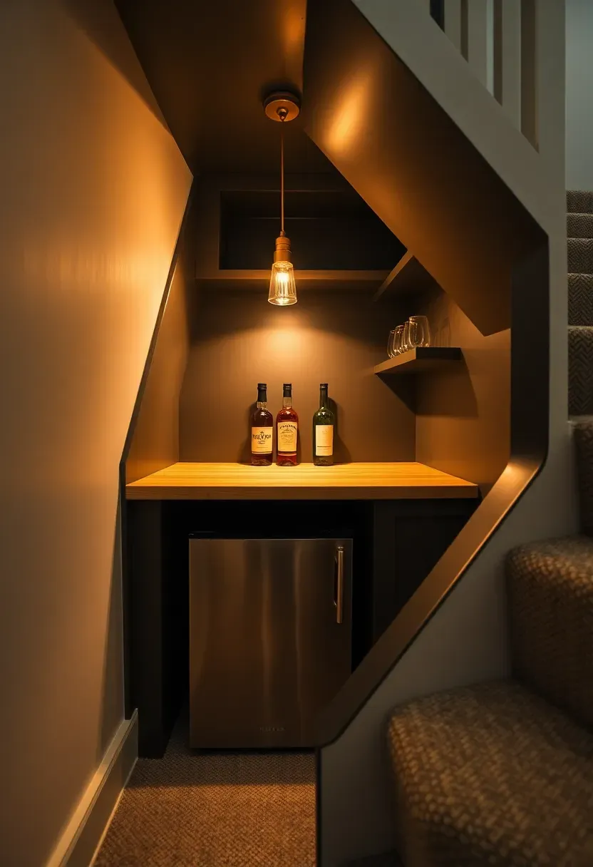 Clever under-staircase bar niche with built-in shelving, mini fridge, and pendant light illuminating a small countertop