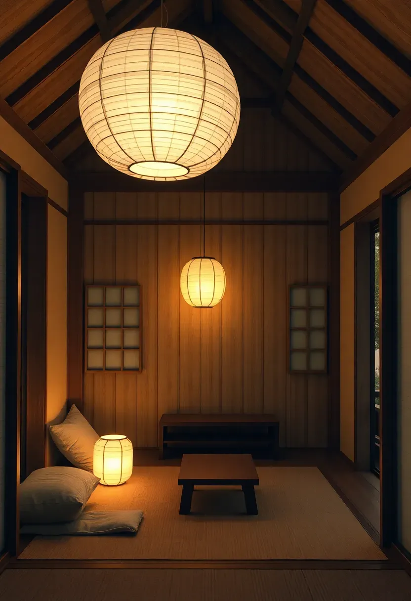 Hyper-realistic wide shot of Japanese tiny house living area with paper lantern lighting. Large round paper lantern hanging from ceiling (24 inches diameter), smaller floor lamp in corner. Living area with low table, floor cushions, tatami flooring. Lanterns emit soft warm glow, illuminating space with gentle shadows. Materials: white washi paper, wood frame, tatami flooring, cream fabrics. Warm ambient light emphasizing paper texture and organic shapes. Serene Japanese evening atmosphere mood.</p>