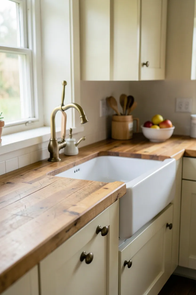 Warm honey butcher block countertops in a small cottage kitchen with white cabinets — rustic charm for compact cooking spaces