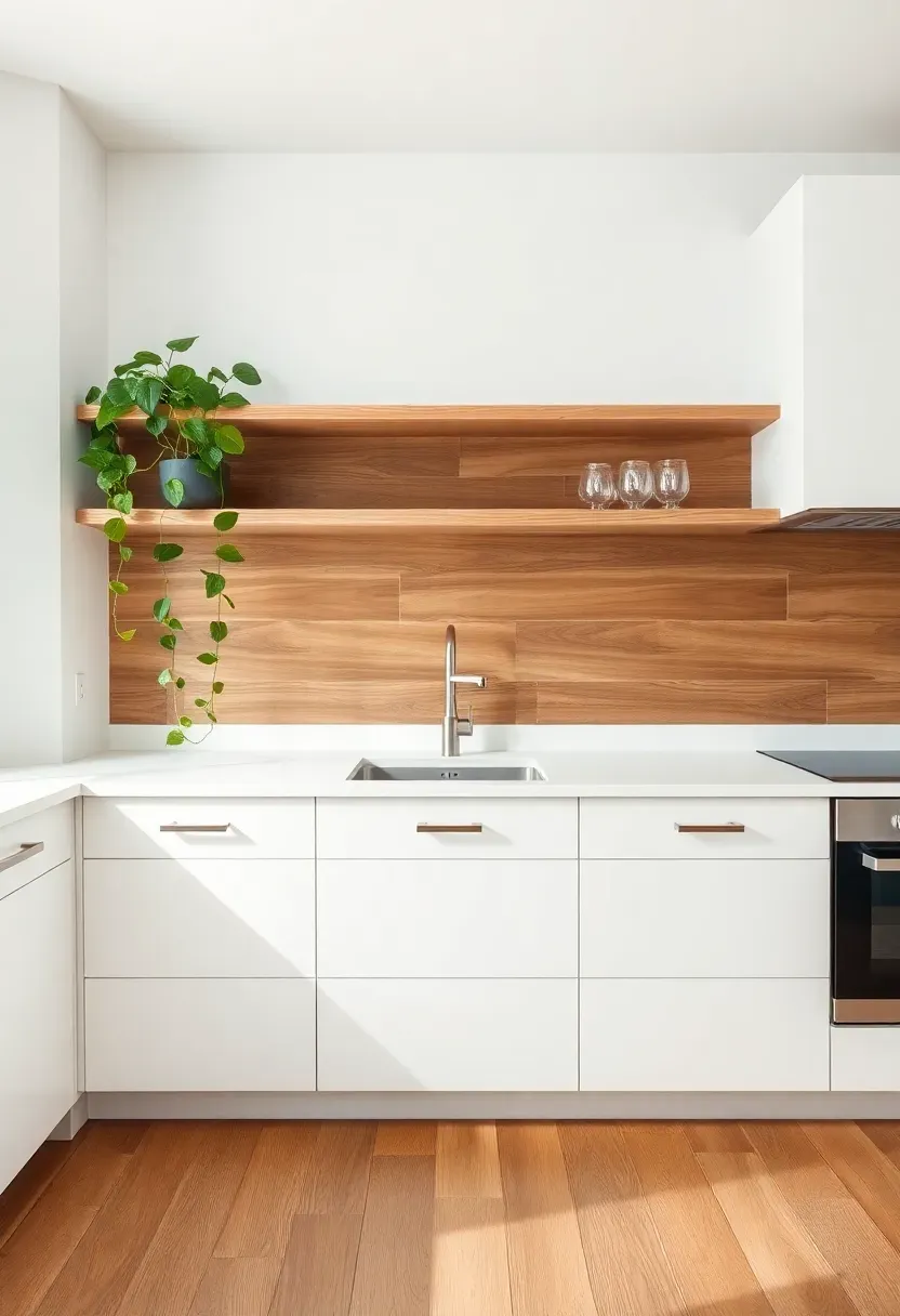 warm wood-look porcelain plank tile backsplash in a white kitchen with floating shelves subway tile and plants