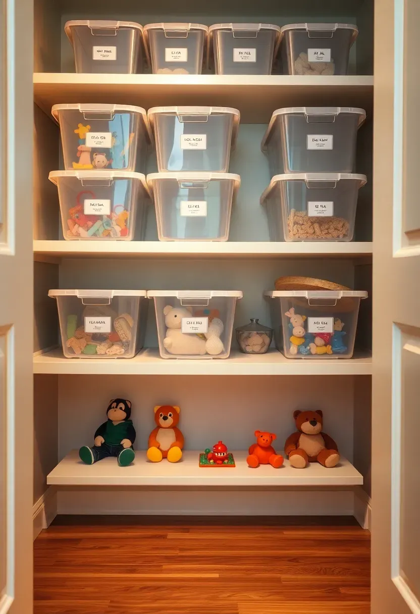 Hyper-realistic view of minimalist storage closet with labeled clear bins on shelves, each containing organized toys, few active toys on lower open shelf. Materials: clear plastic bins, white shelving, wood floor. Warm closet lighting, organized systematic mood. Visible labels on bins, neat stacking. Medium depth of field. No text, no logos, no watermarks.</p>
