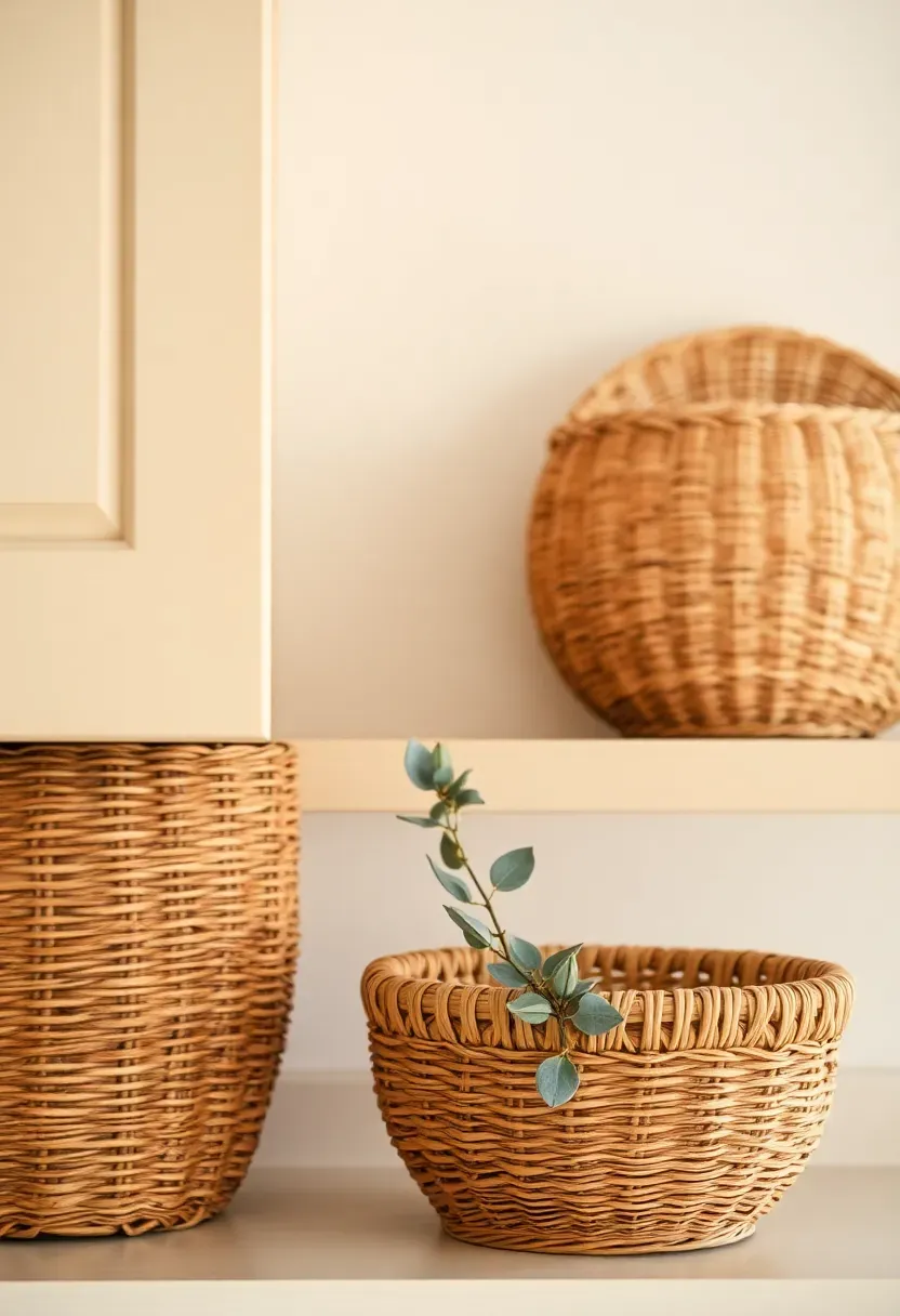 Woven rattan baskets stacked above kitchen cabinets for texture and storage