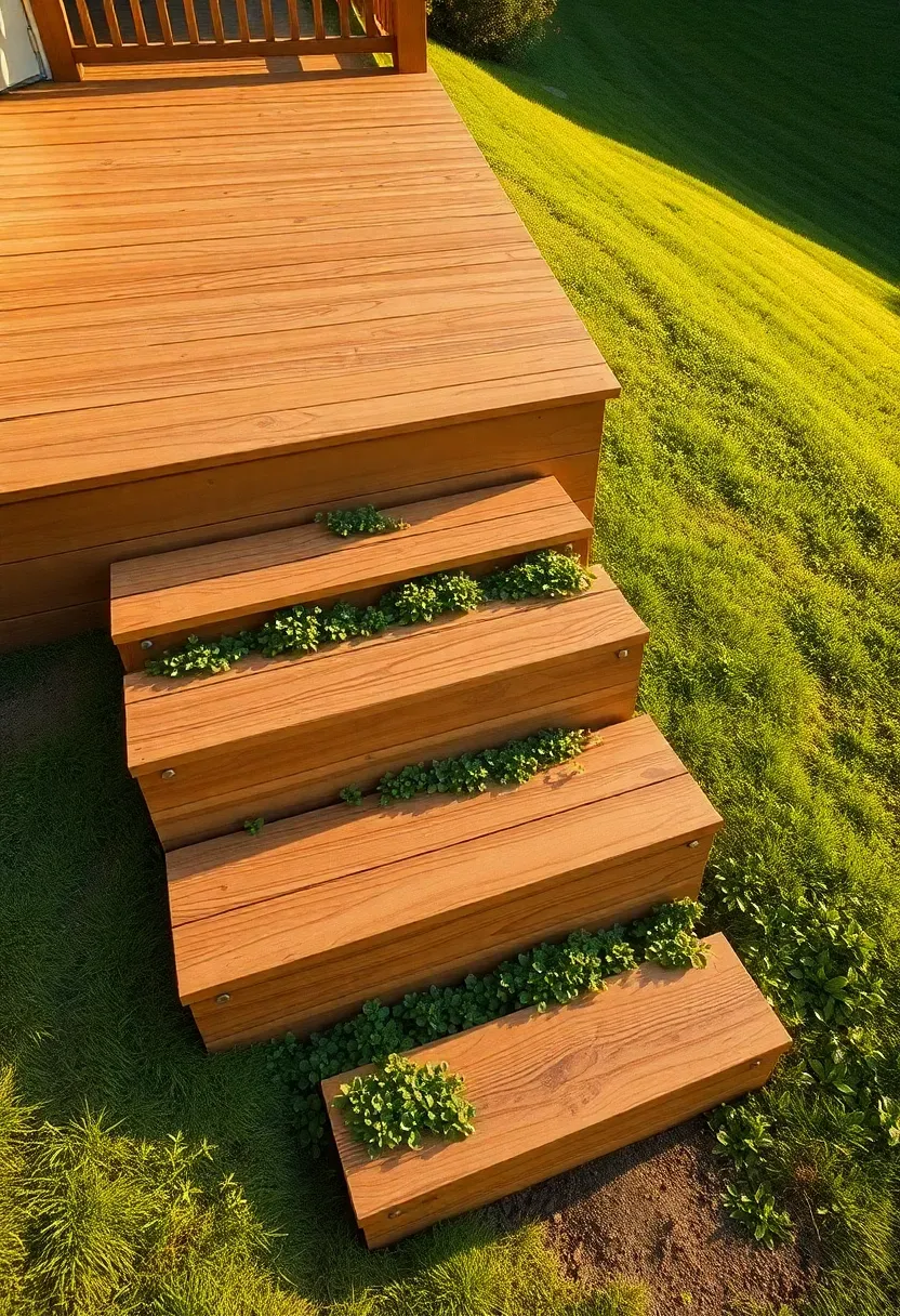 A multi-level stepped deck built into a gentle hillside in a backyard, each level connected by two wooden steps, with native ground cover plants alongside