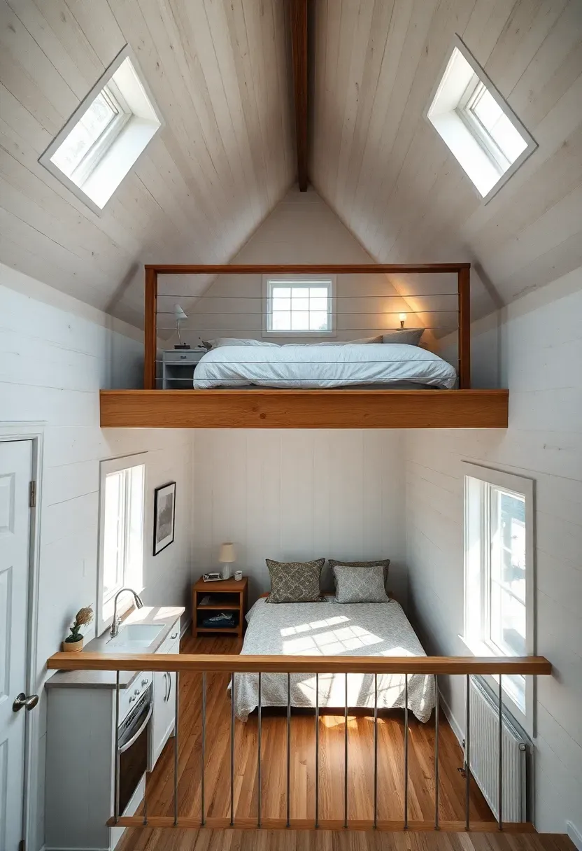 Hyper-realistic interior view from main floor looking up into sleeping loft showing queen bed, nightstand, reading light, and enough headroom to sit. Loft railing with horizontal cable design visible, dormer window bringing in natural light. Below: view of kitchen and living area. Light wood throughout. Materials: pine flooring, white walls, cable railing. Bright natural light from dormer window. Cozy serene mood. Good depth showing loft and main floor relationship. No text, no logos, no watermarks.</p>