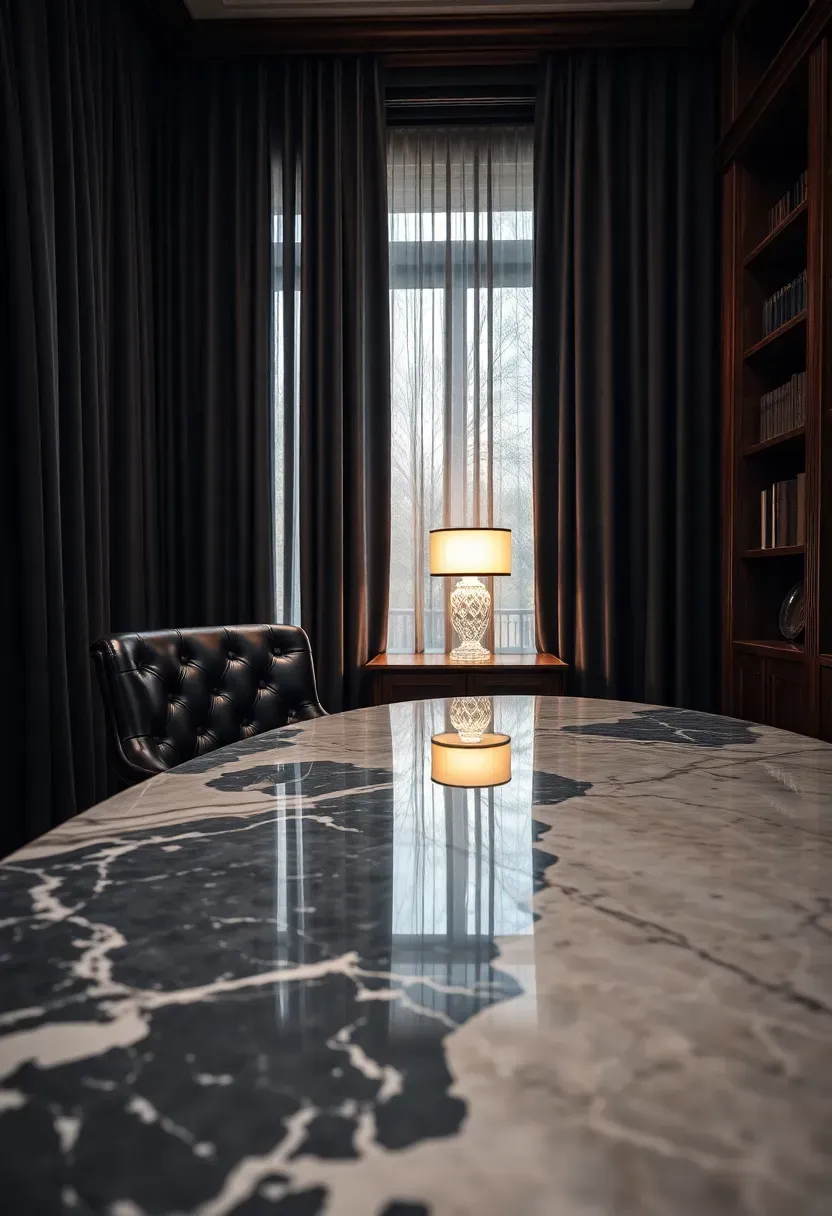 Luxury executive home office with Carrara marble desk, tufted leather chair, charcoal velvet curtains and crystal lamp beside dark walnut bookcase