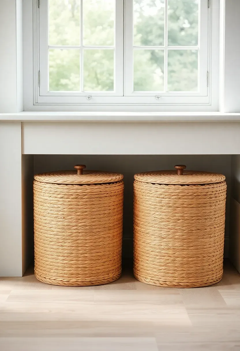 Two large woven storage baskets tucked beneath a white window bench in a modern sunroom with pale wood floor