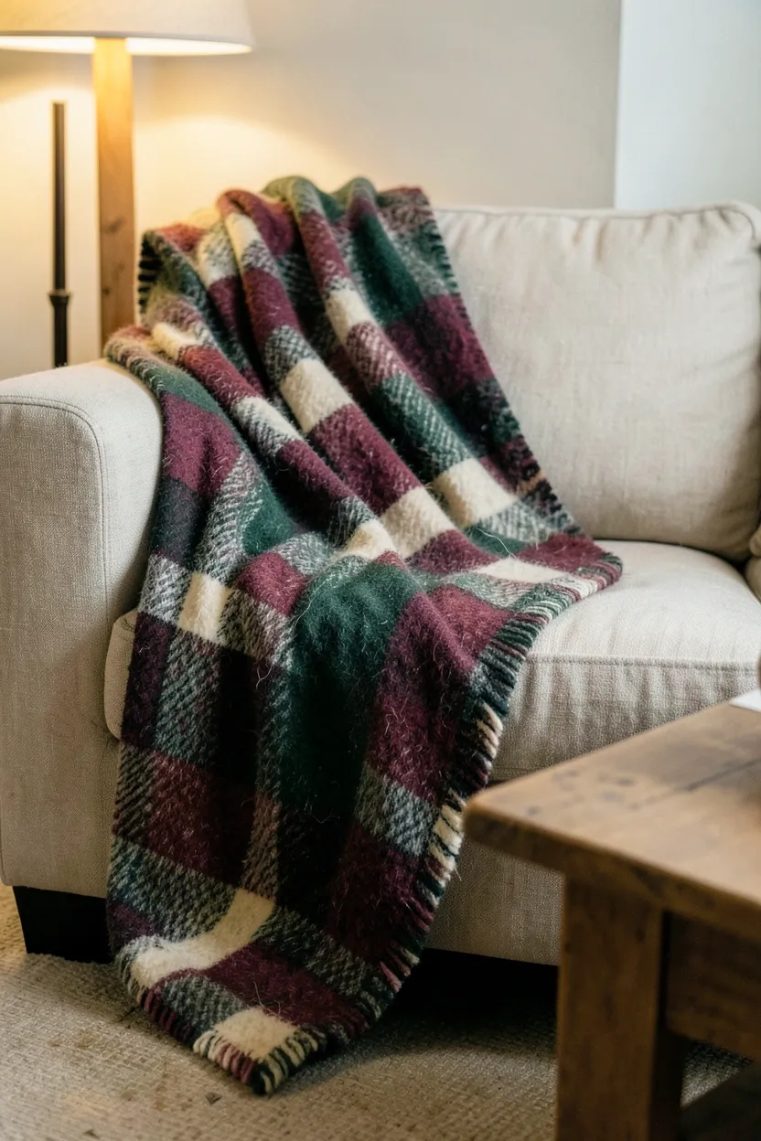 Hyper-realistic eye-level photograph of plaid throw blanket casually draped over arm of beige sofa in living room. Blanket features classic buffalo check pattern in colors: burgundy, forest green, cream, and black. Soft wool-blend fabric shows natural texture and slight fuzz. Blanket is casually arranged with natural drape, not perfectly folded. Warm ambient light from floor lamp catches fabric texture. Part of sofa cushion and wooden coffee table visible. Materials: wool-blend fabric, linen sofa, wood. Traditional cozy mood. Sharp plaid pattern and fabric texture details, soft lighting, casual composition. No text, no logos, no watermarks.